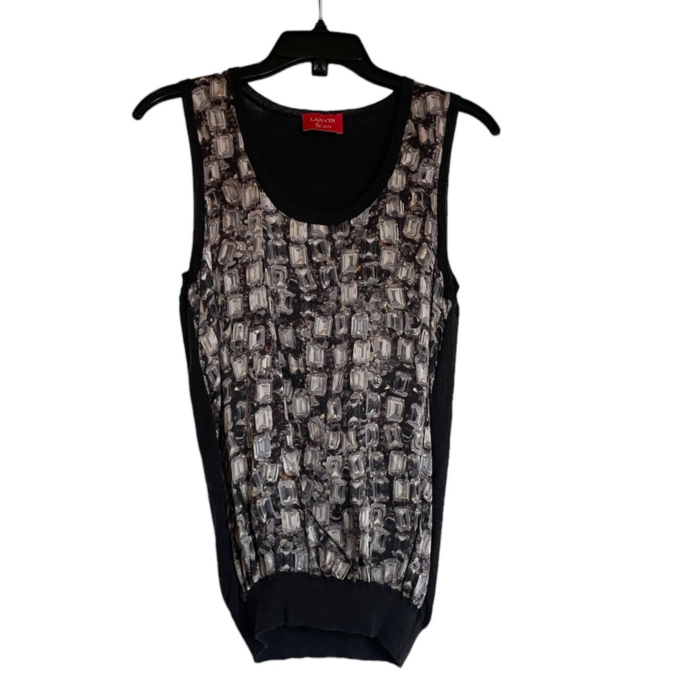 LANVIN Sleeveless Wool and Silk Blouse Sweater with Diamond Print Pattern